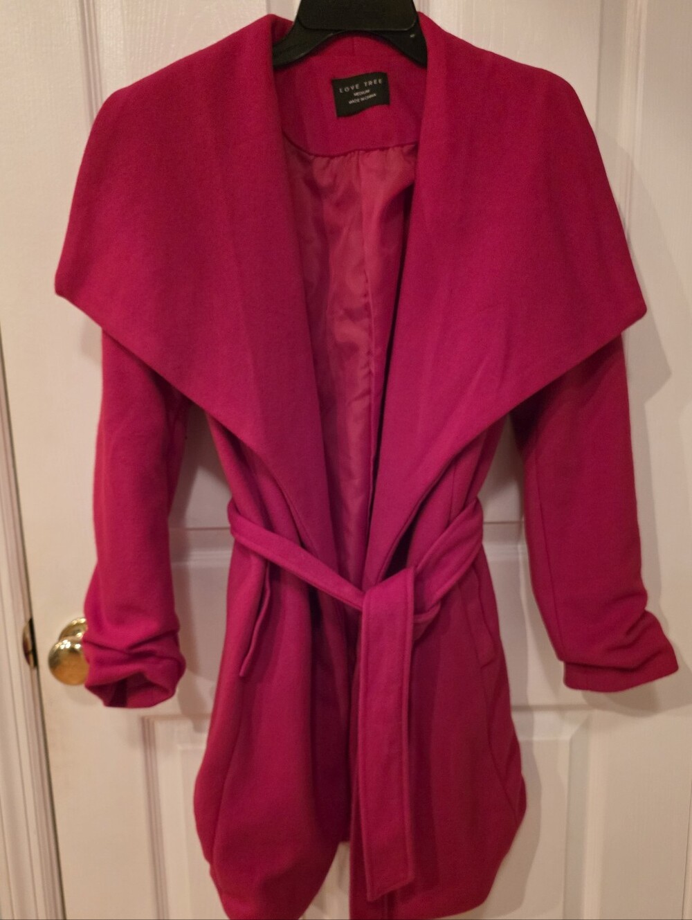 Love Tree Bright Red Open Front Belted Wool Cardigan Coat